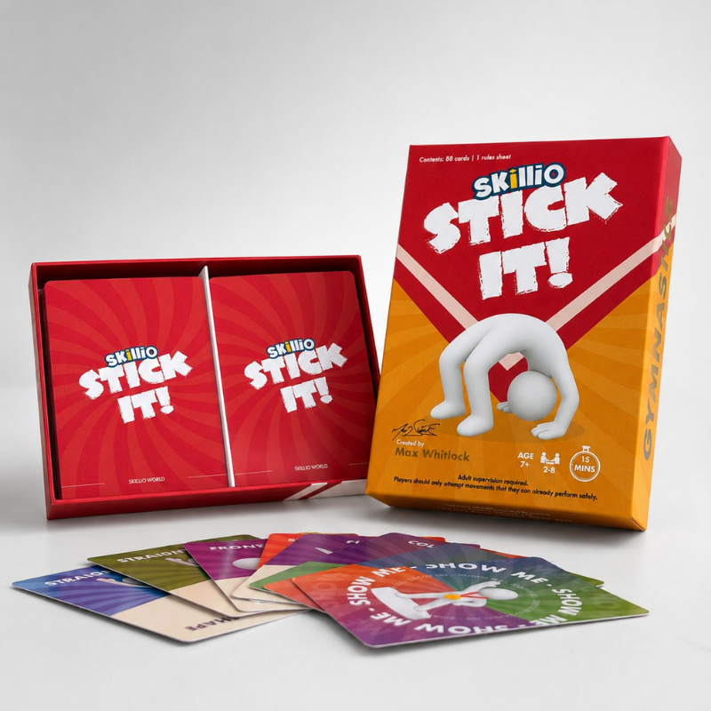 Skillio Stick It! game packaging with cards on a white background